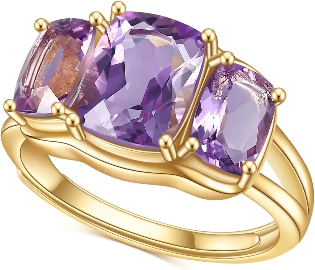 Kemstone 14K Gold Plated S925 Sterling Silver Ring with Natural Amethyst Gemstones