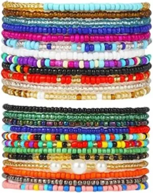 KIFEDSLJ 24Pcs Colorful Beaded Anklets Boho Handmade Beaded African Anklets Multicolor Seed Beads Stretch Ankle Bracelets for Women Elastic Foot and Hand Chain Jewelry