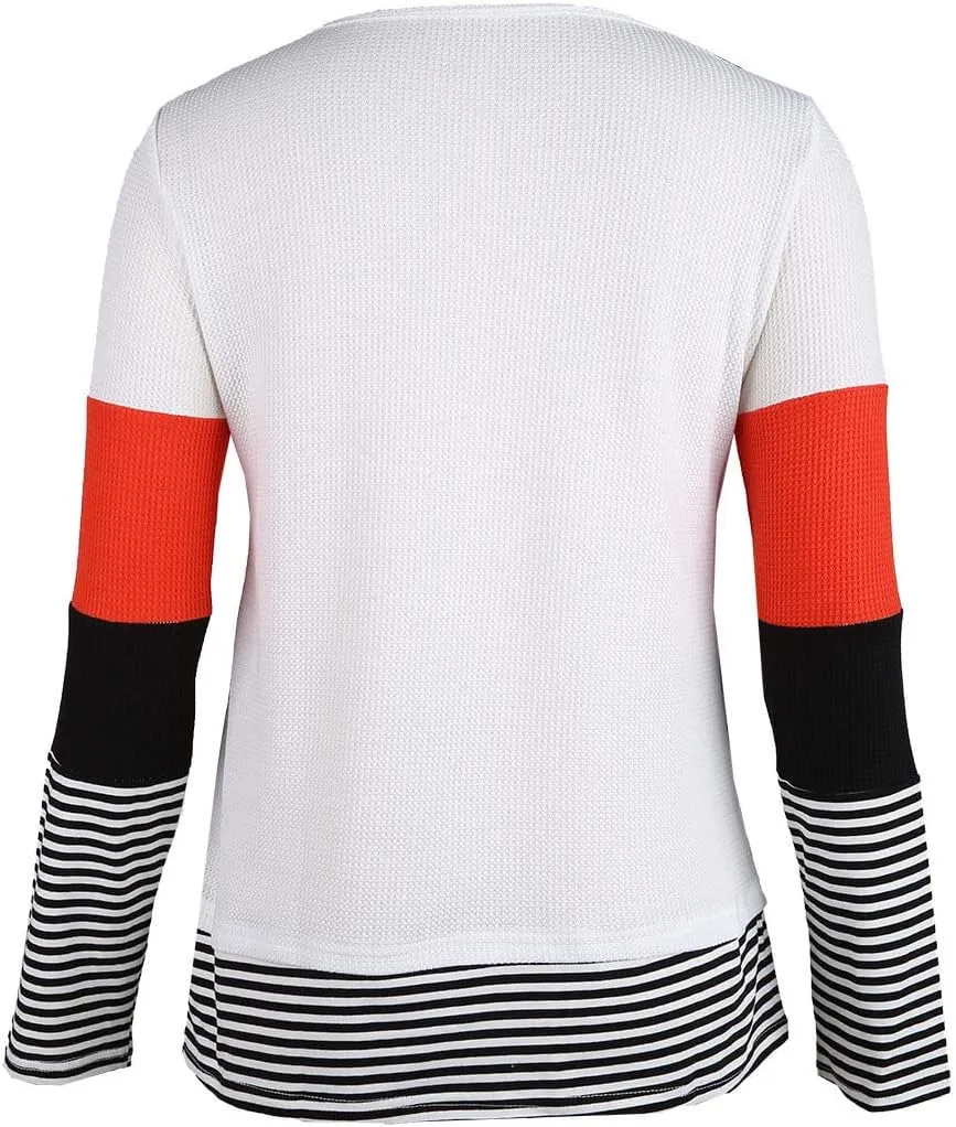 KINGFEN Womens Long Sleeve Color Block Tops Striped Casual Crewneck T Shirts Waffle Knit Sweaters