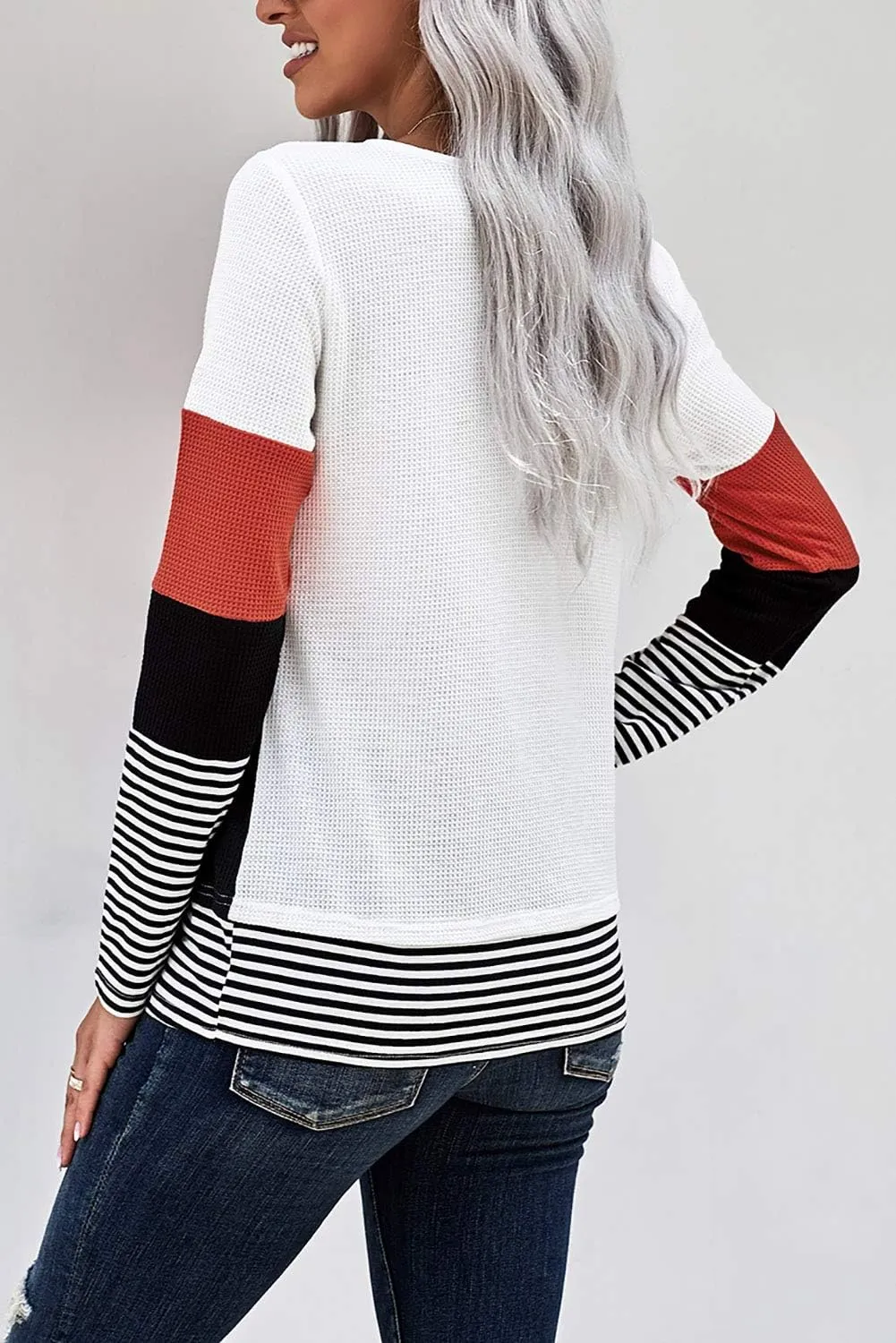 KINGFEN Womens Long Sleeve Color Block Tops Striped Casual Crewneck T Shirts Waffle Knit Sweaters