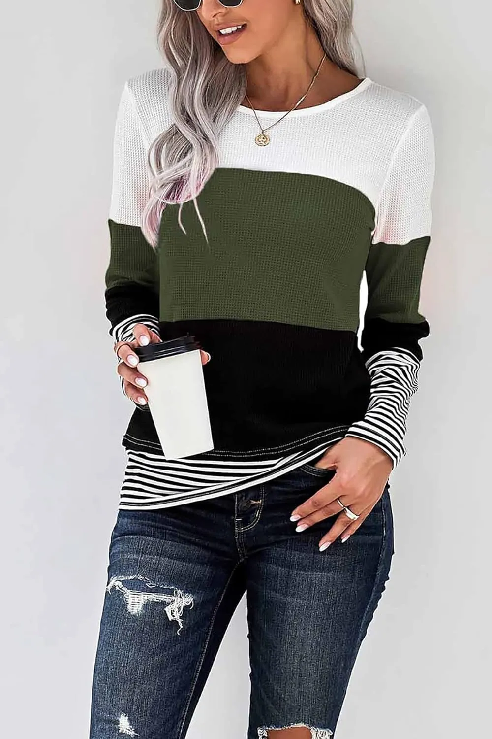 KINGFEN Womens Long Sleeve Color Block Tops Striped Casual Crewneck T Shirts Waffle Knit Sweaters