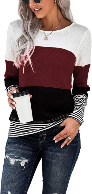 KINGFEN Womens Long Sleeve Color Block Tops Striped Casual Crewneck T Shirts Waffle Knit Sweaters