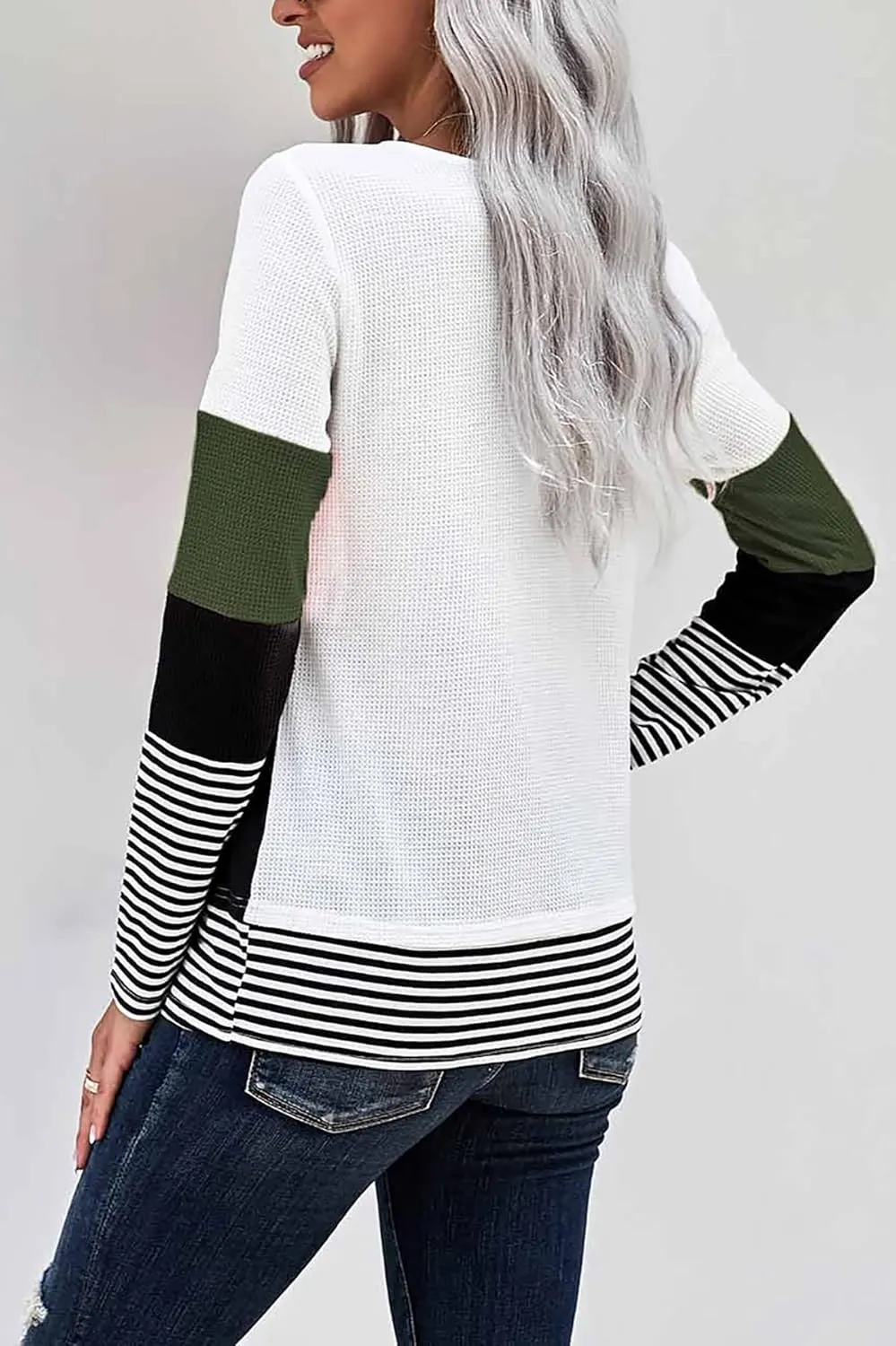 KINGFEN Womens Long Sleeve Color Block Tops Striped Casual Crewneck T Shirts Waffle Knit Sweaters