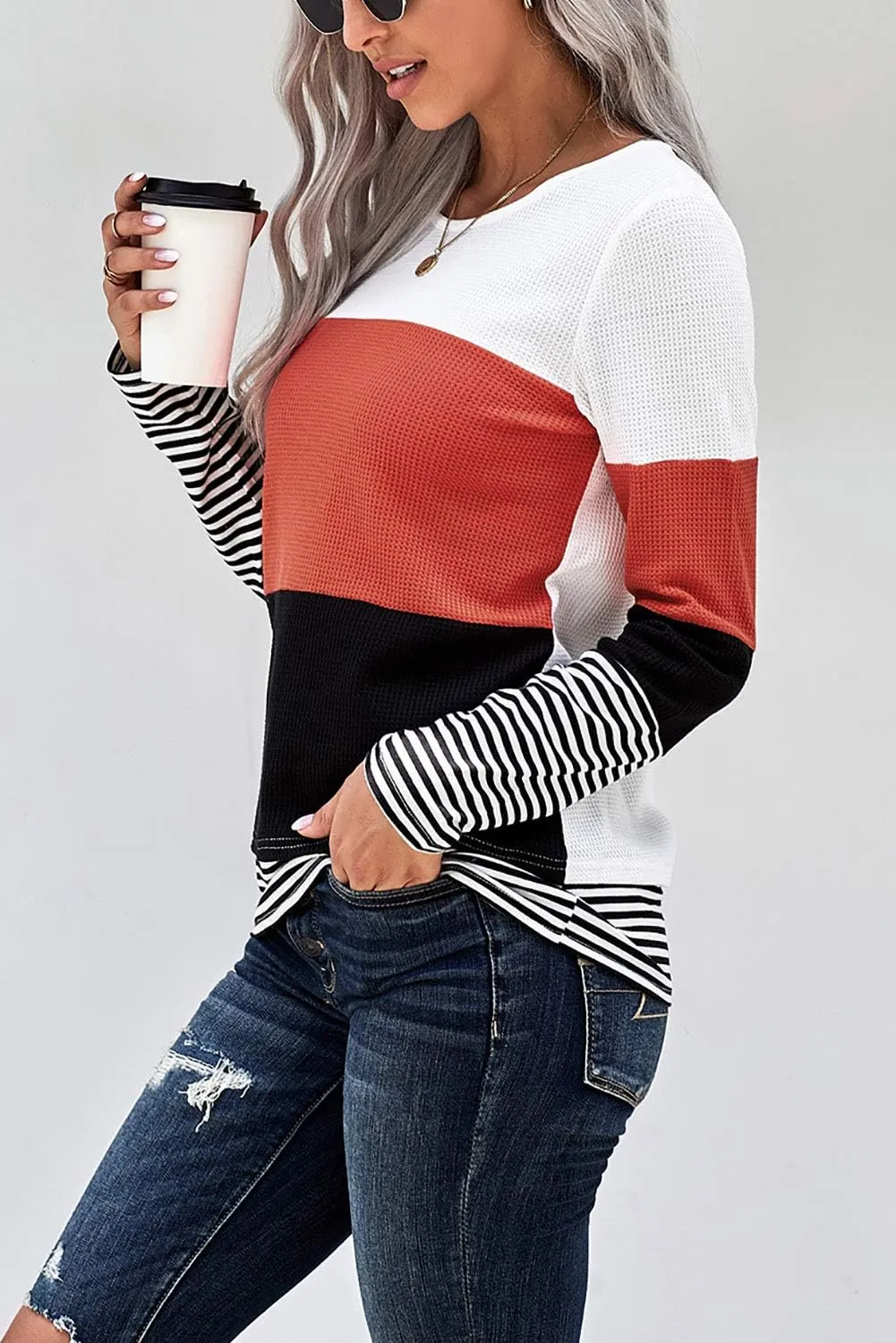 KINGFEN Womens Long Sleeve Color Block Tops Striped Casual Crewneck T Shirts Waffle Knit Sweaters