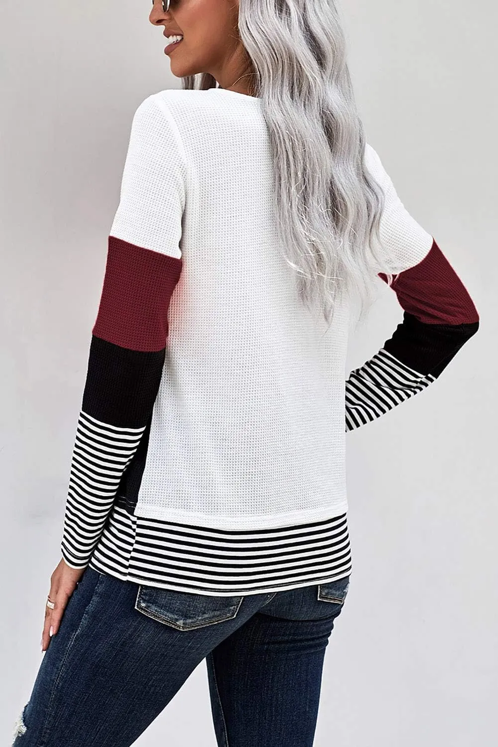 KINGFEN Womens Long Sleeve Color Block Tops Striped Casual Crewneck T Shirts Waffle Knit Sweaters