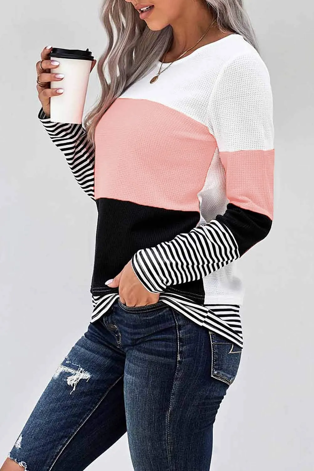 KINGFEN Womens Long Sleeve Color Block Tops Striped Casual Crewneck T Shirts Waffle Knit Sweaters