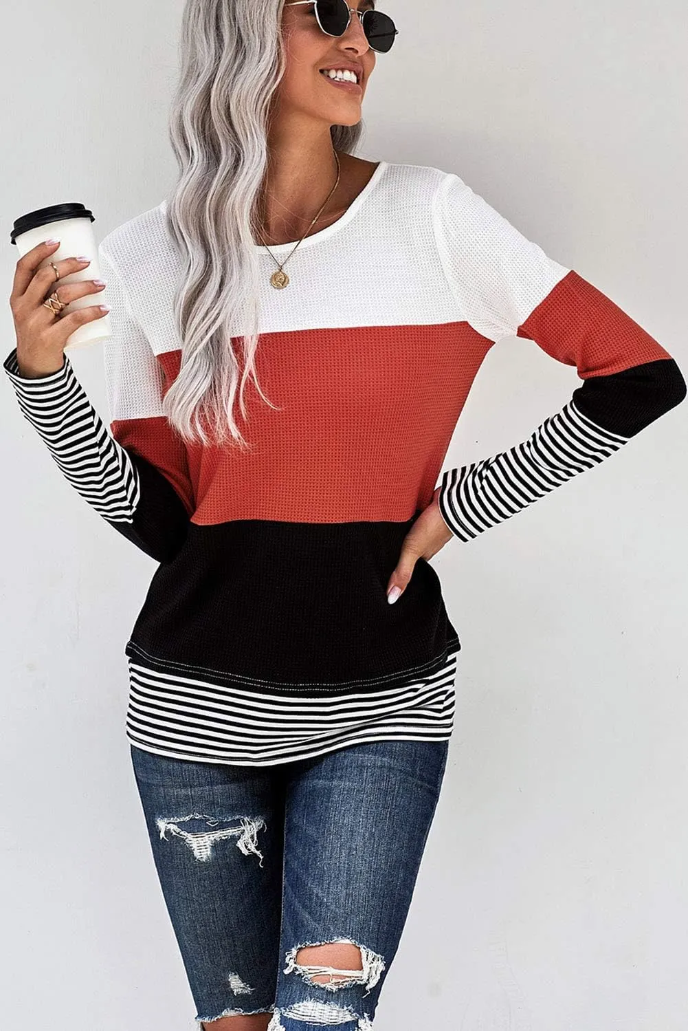 KINGFEN Womens Long Sleeve Color Block Tops Striped Casual Crewneck T Shirts Waffle Knit Sweaters