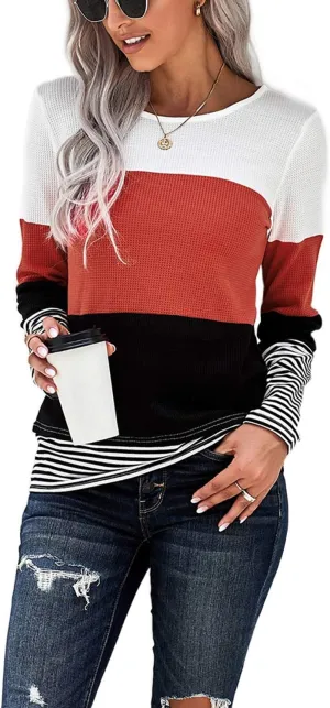 KINGFEN Womens Long Sleeve Color Block Tops Striped Casual Crewneck T Shirts Waffle Knit Sweaters