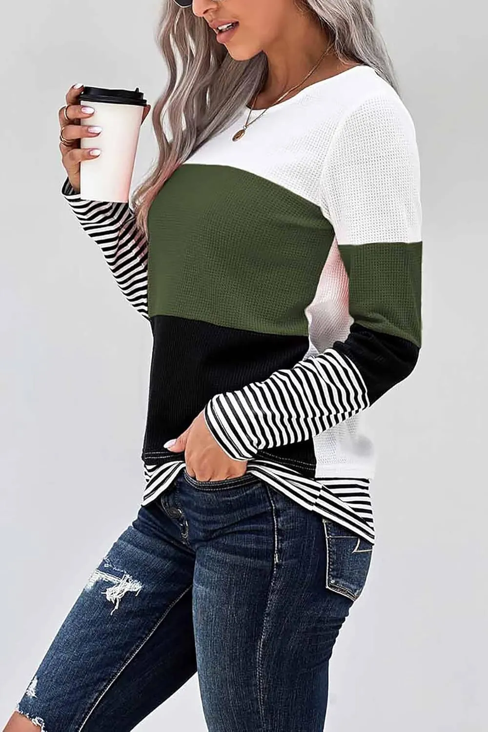 KINGFEN Womens Long Sleeve Color Block Tops Striped Casual Crewneck T Shirts Waffle Knit Sweaters