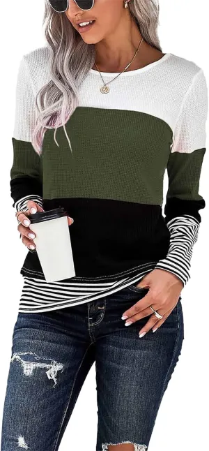 KINGFEN Womens Long Sleeve Color Block Tops Striped Casual Crewneck T Shirts Waffle Knit Sweaters