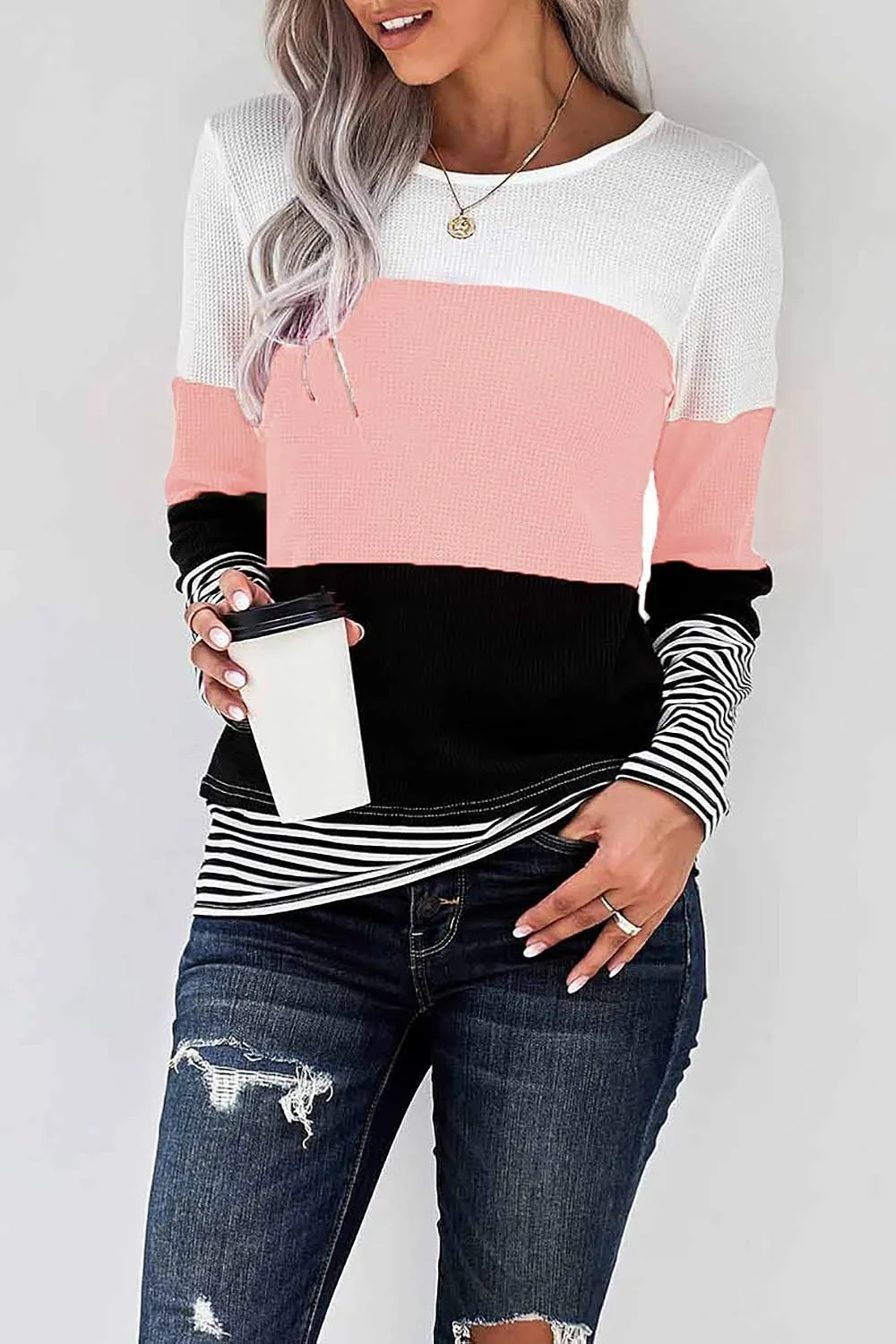 KINGFEN Womens Long Sleeve Color Block Tops Striped Casual Crewneck T Shirts Waffle Knit Sweaters