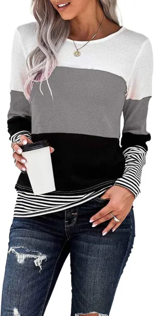 KINGFEN Womens Long Sleeve Color Block Tops Striped Casual Crewneck T Shirts Waffle Knit Sweaters