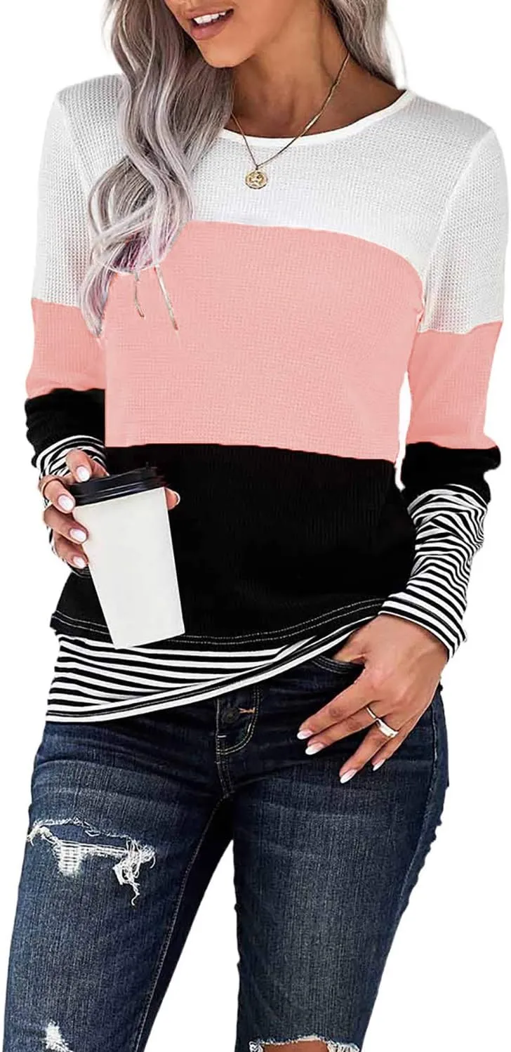 KINGFEN Womens Long Sleeve Color Block Tops Striped Casual Crewneck T Shirts Waffle Knit Sweaters
