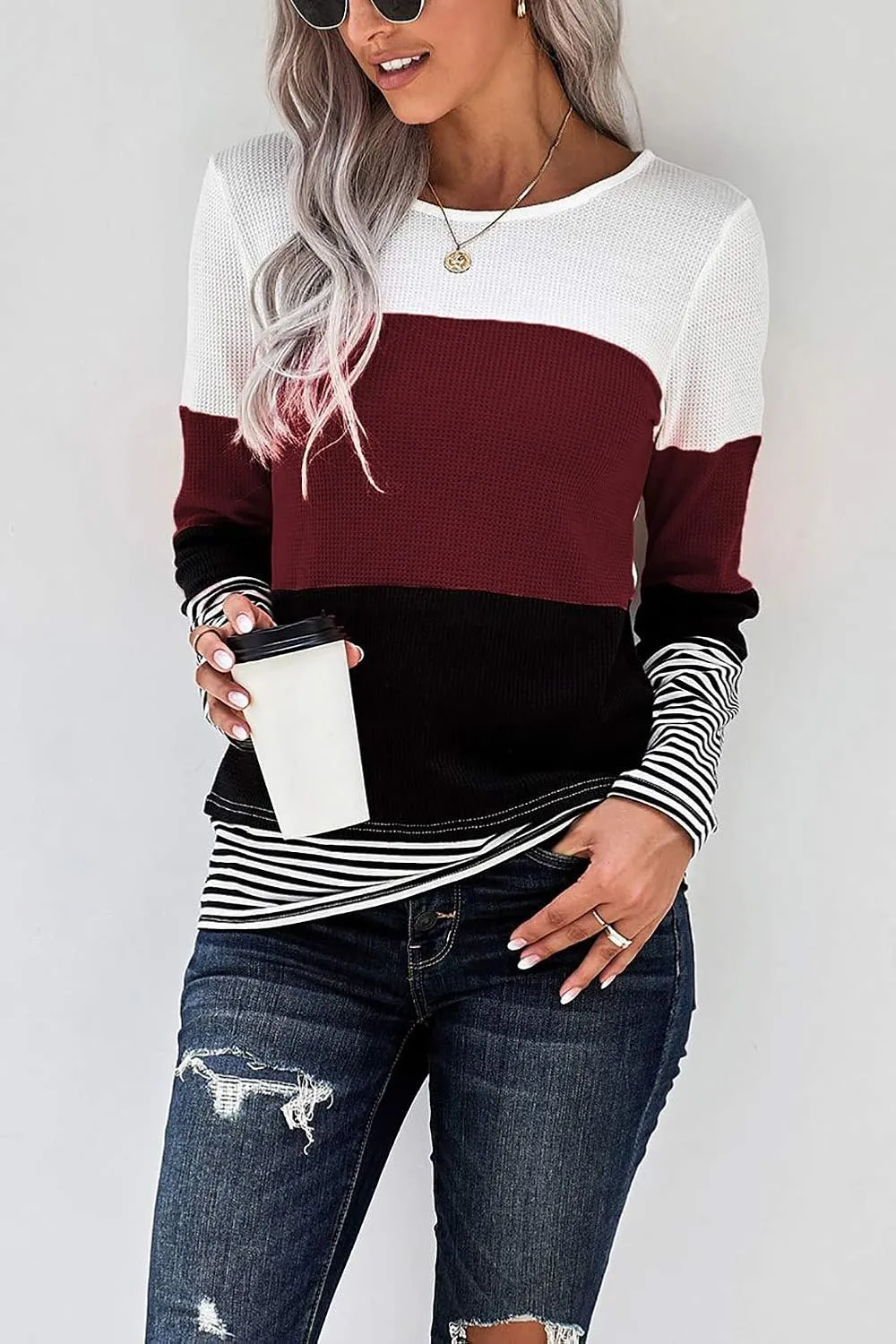 KINGFEN Womens Long Sleeve Color Block Tops Striped Casual Crewneck T Shirts Waffle Knit Sweaters
