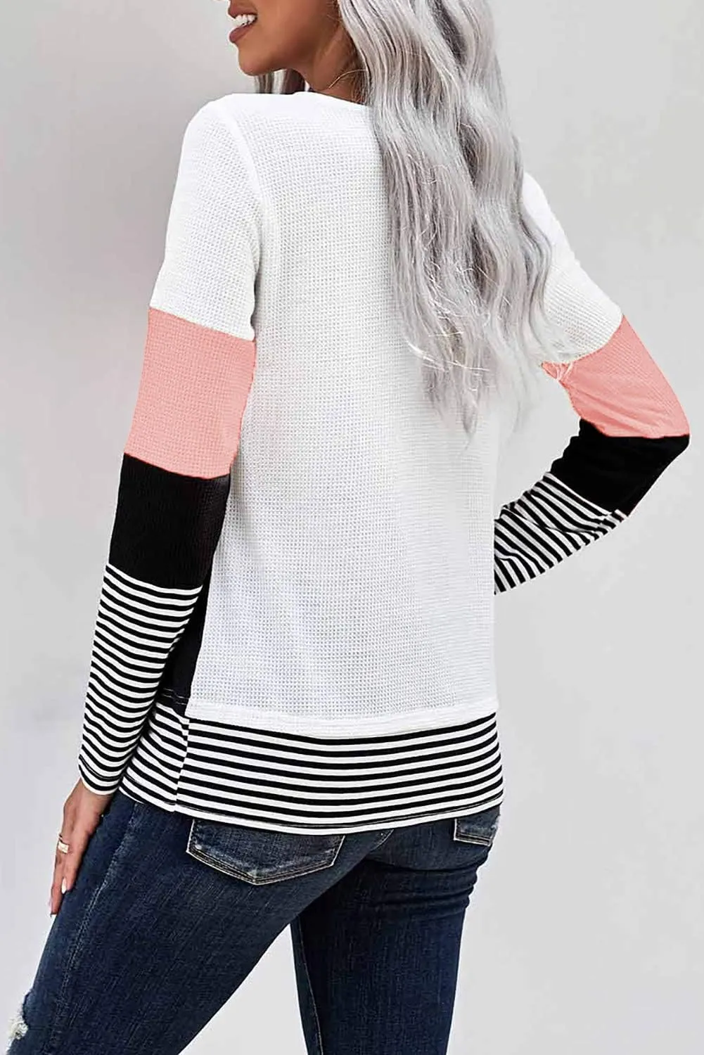 KINGFEN Womens Long Sleeve Color Block Tops Striped Casual Crewneck T Shirts Waffle Knit Sweaters
