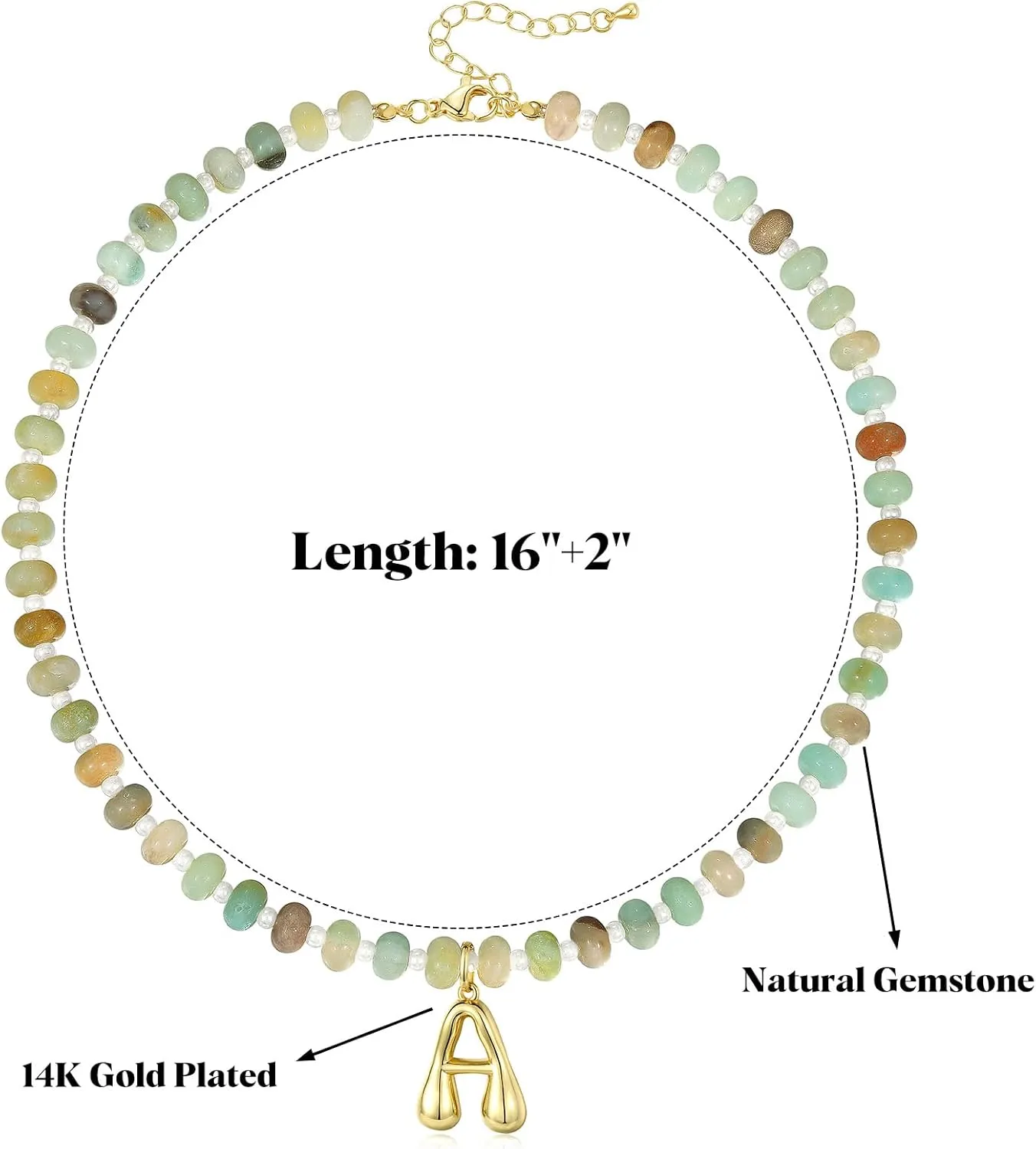 KissYan Initial Necklaces for Women, Colorful Beaded Gemstone Choker 14K Gold Bubble Letter Pendant Necklace Natural Stone Summer Beach Handmade Jewelry Gift