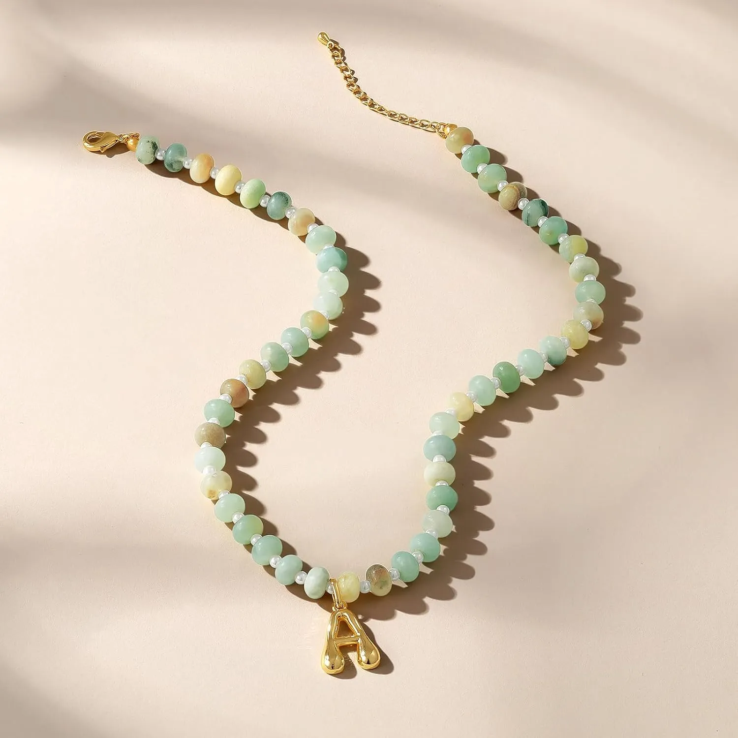 KissYan Initial Necklaces for Women, Colorful Beaded Gemstone Choker 14K Gold Bubble Letter Pendant Necklace Natural Stone Summer Beach Handmade Jewelry Gift