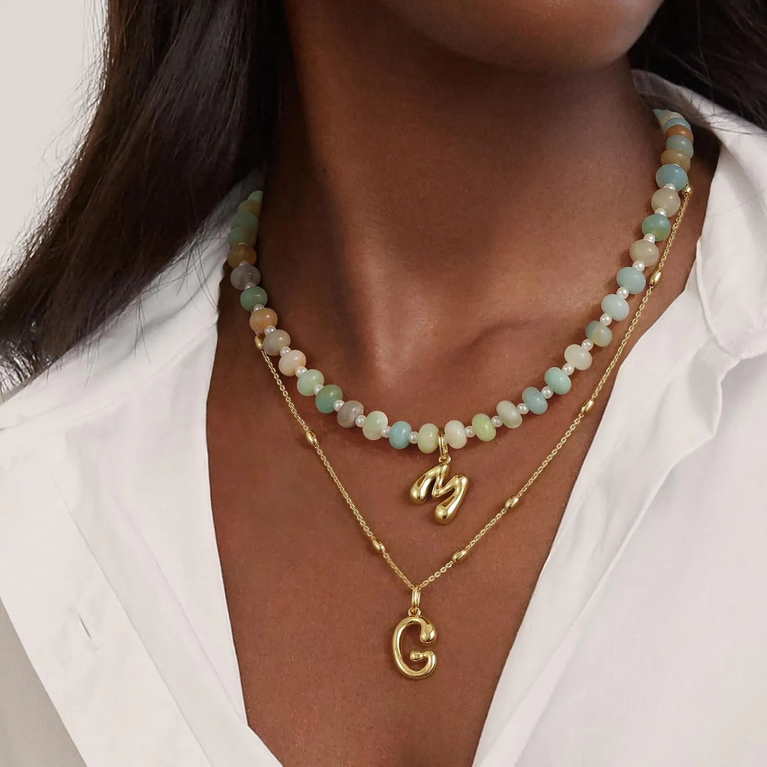 KissYan Initial Necklaces for Women, Colorful Beaded Gemstone Choker 14K Gold Bubble Letter Pendant Necklace Natural Stone Summer Beach Handmade Jewelry Gift