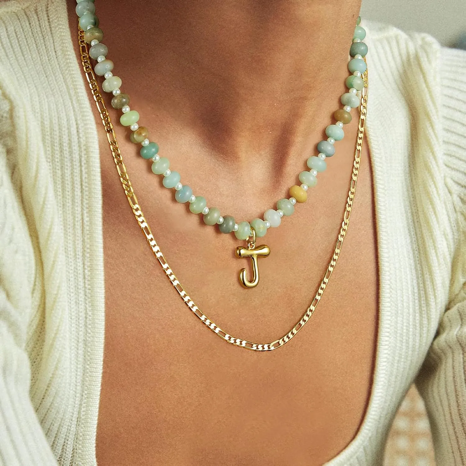 KissYan Initial Necklaces for Women, Colorful Beaded Gemstone Choker 14K Gold Bubble Letter Pendant Necklace Natural Stone Summer Beach Handmade Jewelry Gift