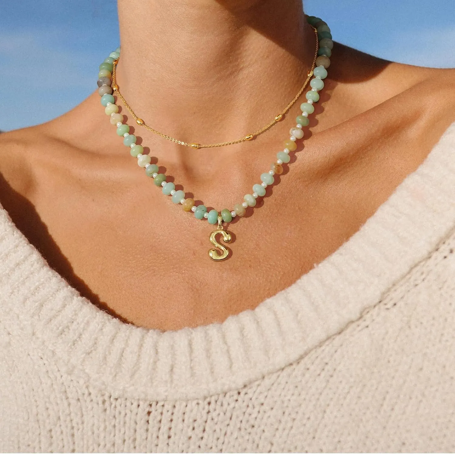 KissYan Initial Necklaces for Women, Colorful Beaded Gemstone Choker 14K Gold Bubble Letter Pendant Necklace Natural Stone Summer Beach Handmade Jewelry Gift