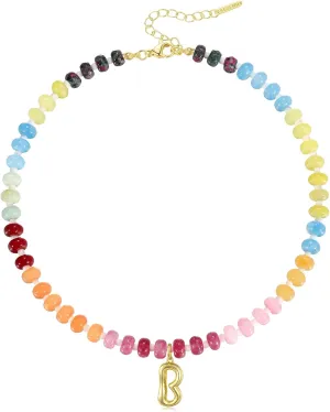 KissYan Initial Necklaces for Women, Colorful Beaded Gemstone Choker 14K Gold Bubble Letter Pendant Necklace Natural Stone Summer Beach Handmade Jewelry Gift