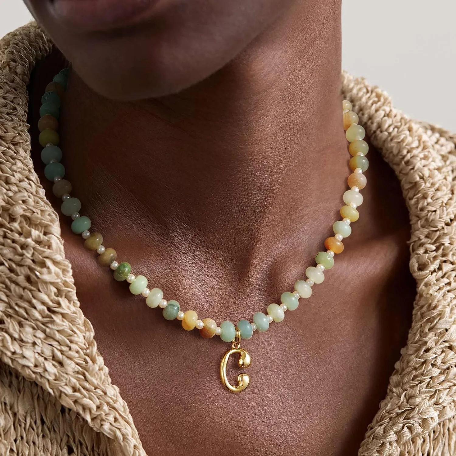 KissYan Initial Necklaces for Women, Colorful Beaded Gemstone Choker 14K Gold Bubble Letter Pendant Necklace Natural Stone Summer Beach Handmade Jewelry Gift