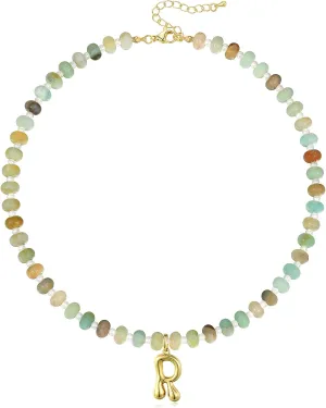 KissYan Initial Necklaces for Women, Colorful Beaded Gemstone Choker 14K Gold Bubble Letter Pendant Necklace Natural Stone Summer Beach Handmade Jewelry Gift