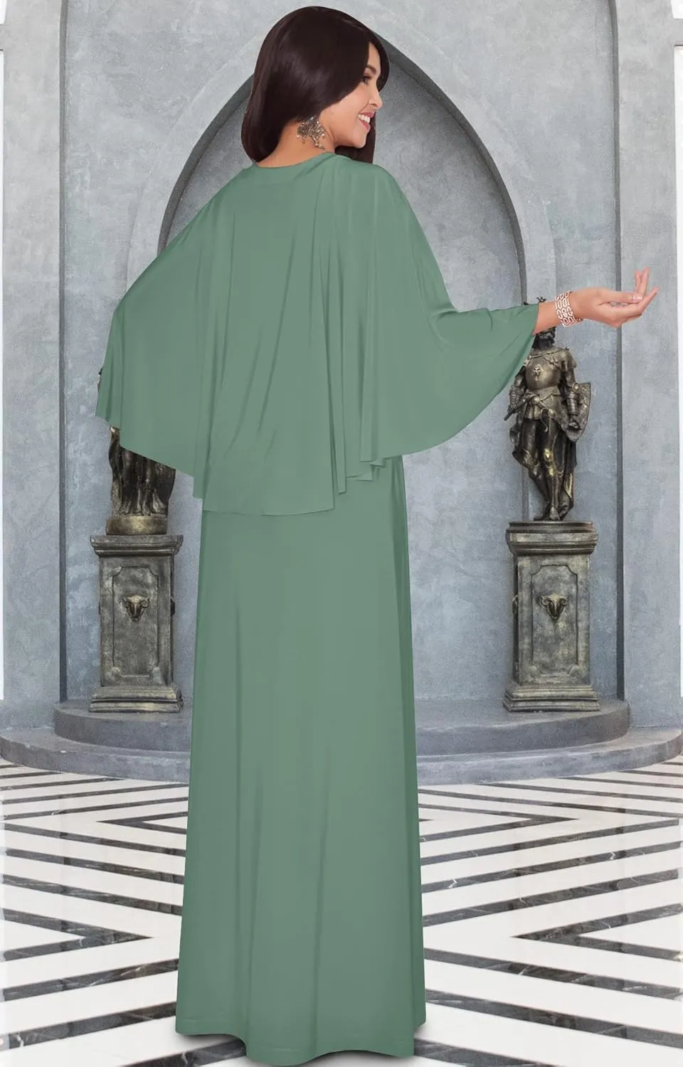 KOH KOH Womens V-Neck Elegant Batwing Cape Sleeves Cocktail Maxi Dress Gown