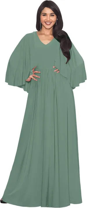 KOH KOH Womens V-Neck Elegant Batwing Cape Sleeves Cocktail Maxi Dress Gown