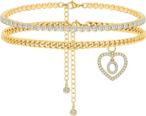KOHOTA Initial Ankle Bracelets for Women 14K Gold Plated Layered Chain Cubic Zirconia Dainty Heart Letter Initial Gold Anklet A-Z Gold Anklets for Women Teen Girls Summer Beach Foot Jewelry Gifts