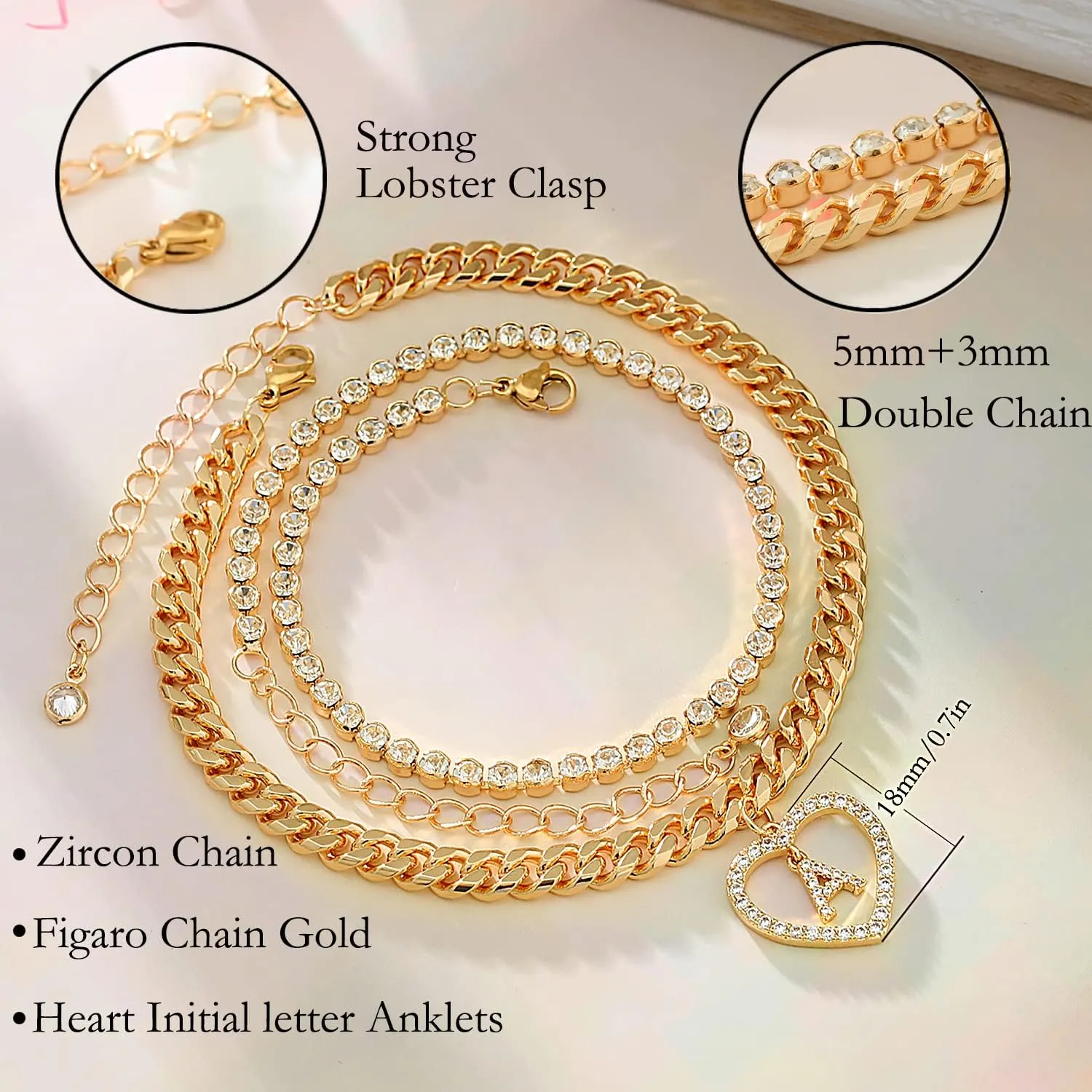KOHOTA Initial Ankle Bracelets for Women 14K Gold Plated Layered Chain Cubic Zirconia Dainty Heart Letter Initial Gold Anklet A-Z Gold Anklets for Women Teen Girls Summer Beach Foot Jewelry Gifts