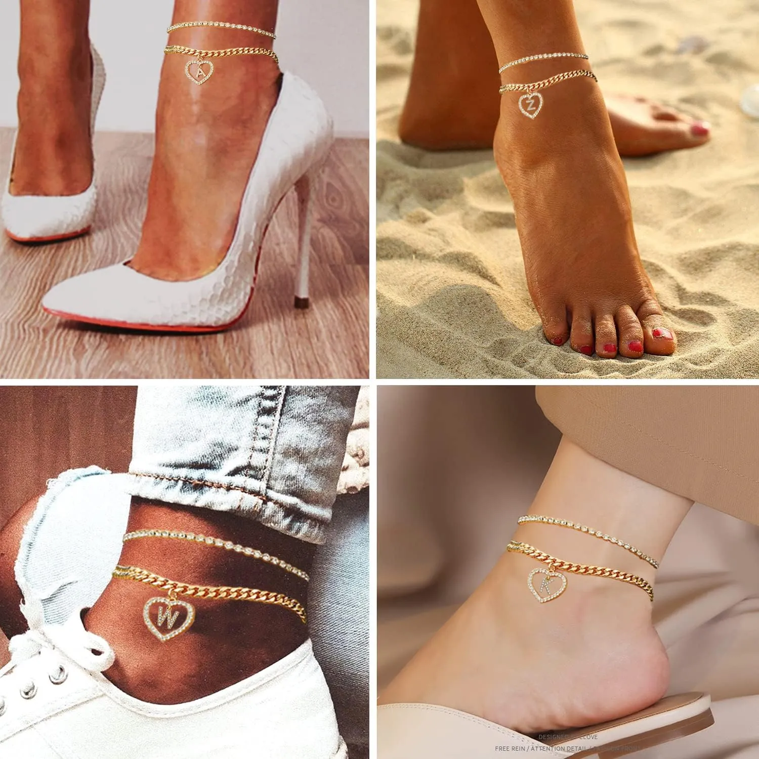 KOHOTA Initial Ankle Bracelets for Women 14K Gold Plated Layered Chain Cubic Zirconia Dainty Heart Letter Initial Gold Anklet A-Z Gold Anklets for Women Teen Girls Summer Beach Foot Jewelry Gifts