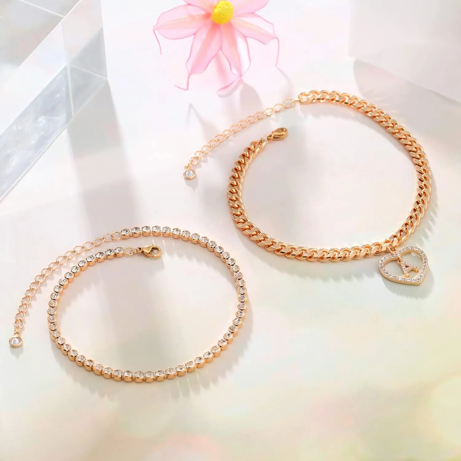 KOHOTA Initial Ankle Bracelets for Women 14K Gold Plated Layered Chain Cubic Zirconia Dainty Heart Letter Initial Gold Anklet A-Z Gold Anklets for Women Teen Girls Summer Beach Foot Jewelry Gifts
