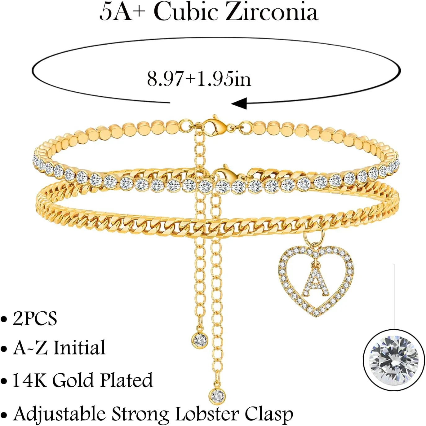 KOHOTA Initial Ankle Bracelets for Women 14K Gold Plated Layered Chain Cubic Zirconia Dainty Heart Letter Initial Gold Anklet A-Z Gold Anklets for Women Teen Girls Summer Beach Foot Jewelry Gifts