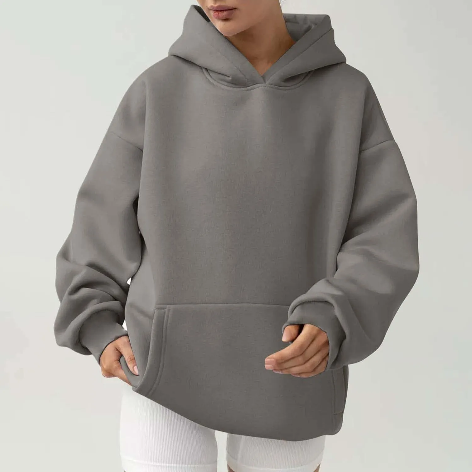 Lastesso Hoodies for Women Fleece Fall Warm Sweatshirts Trendy Solid Loose Pullovers Oversized Comfy Clothes with Pockets