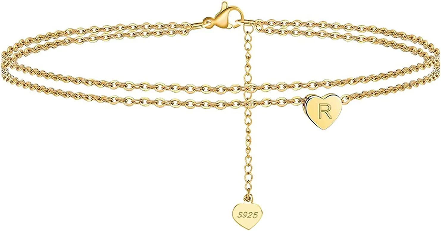 Layered Heart Initial Anklets for Women 925 Sterling Silver Adjustable Foot Ankle Bracelet Letter Alphabet Anklets Gold Plated