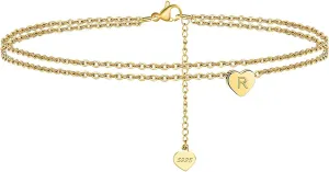 Layered Heart Initial Anklets for Women 925 Sterling Silver Adjustable Foot Ankle Bracelet Letter Alphabet Anklets Gold Plated