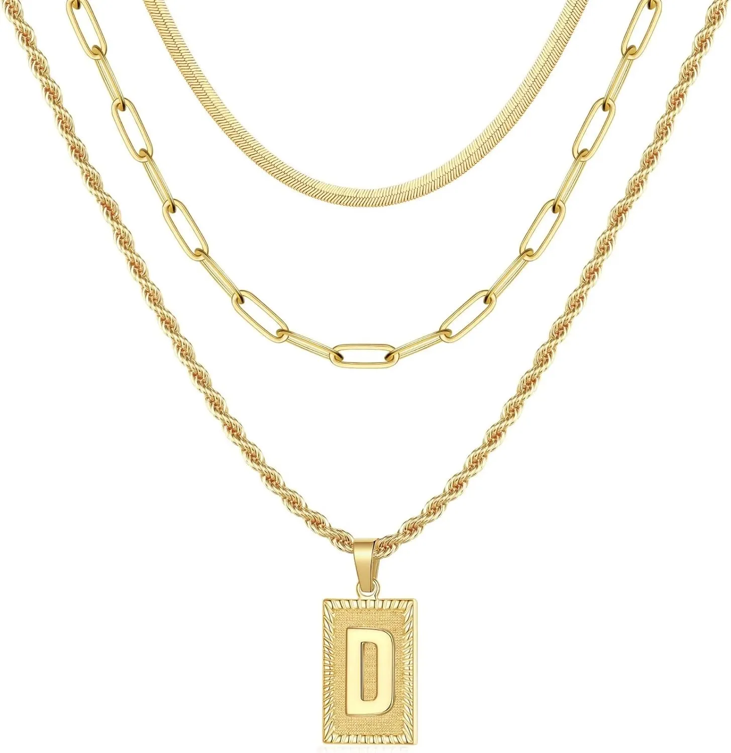 Layered Initial Necklaces for Women, 14K Gold Plated Layering Paperclip Chain Snake Choker Necklace Dainty Rope Chain Square Pendant Letter Initial Necklaces Gold Layered Necklaces for Women Jewelry
