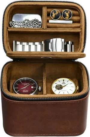 Leather Watch and Jewelry Travel Case for Men  Cufflink and Watch Band Travel Case Organizer  Coffee Brown Swiss-Motif Genuine Leather
