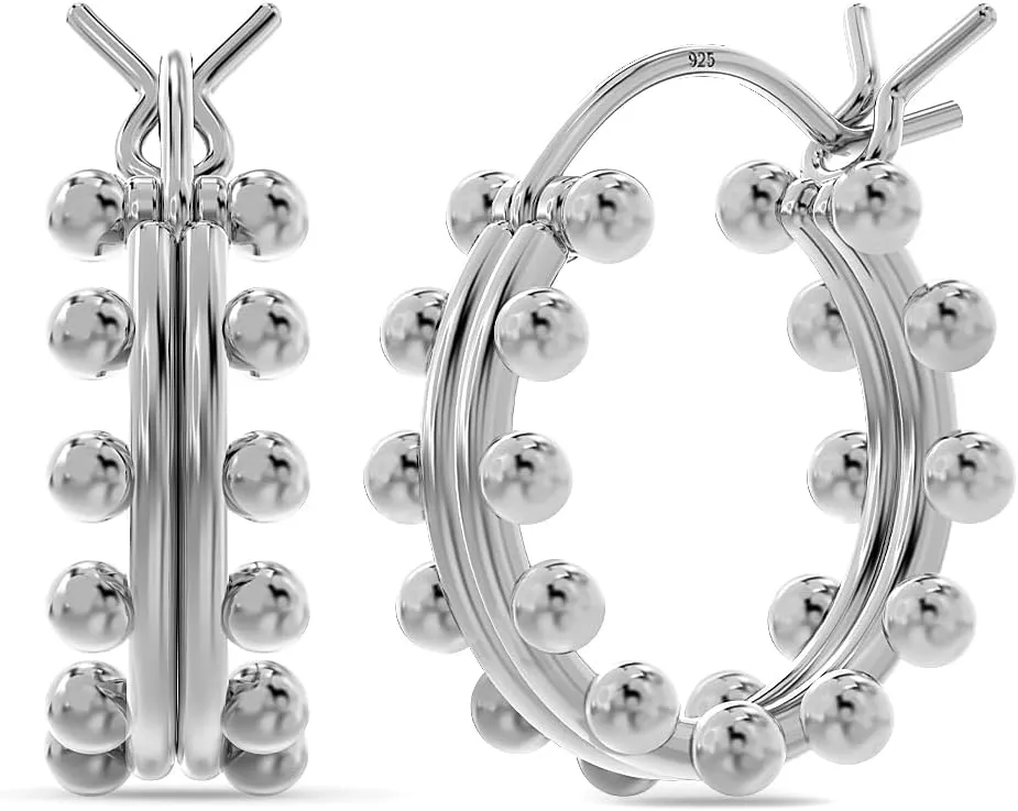 LeCalla 925 Sterling Silver Chunky Hoop Earrings for Teen Women | Double Beaded Hoop Earrings | Small Classic Click-Top Hoop Earring's