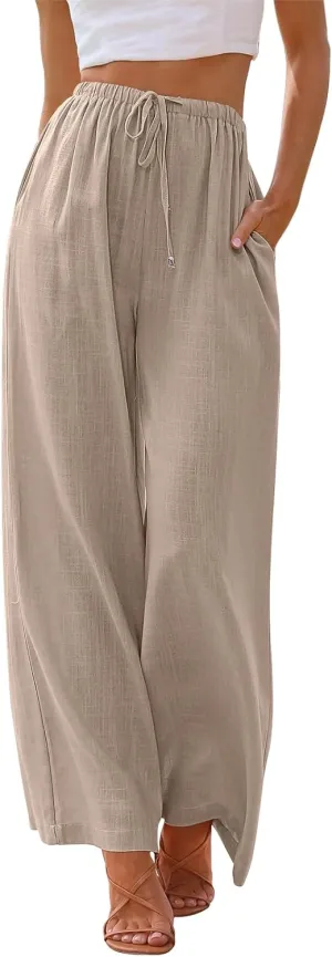 LILLUSORY Women's Linen Summer Palazzo Pants Flowy Wide Leg Beach Pants with Pockets