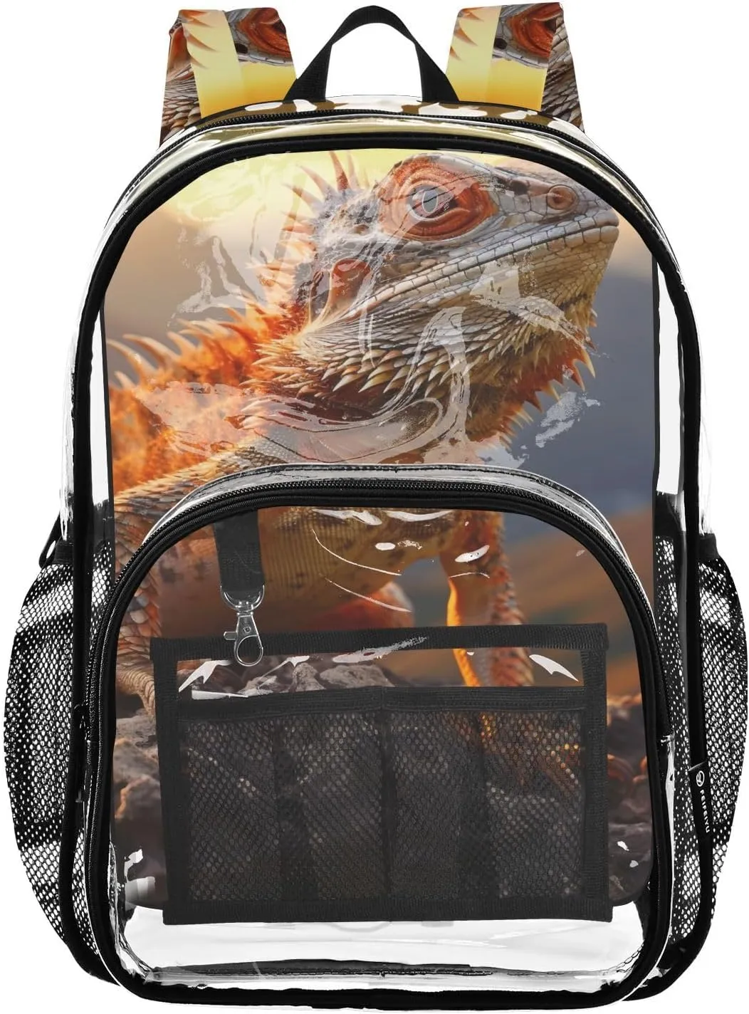 Lizard Stands Upon The Rock Clear Plastic Backpack - Transparent PVC Heavy Duty Bag with Large Main Pocket and Mesh Pockets - Ideal for School, Travel, Outings - Clear Backpack for Everyday Use