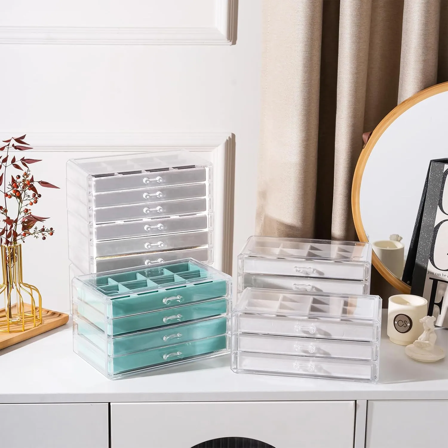 Lolalet Earring Holder Organizer Box Jewelry Storage with 4 Drawers, Clear Acrylic Stackable Earring Case with Adjustable Velvet Trays for Women on Dresser Vanity -Aqua, 4 Layers