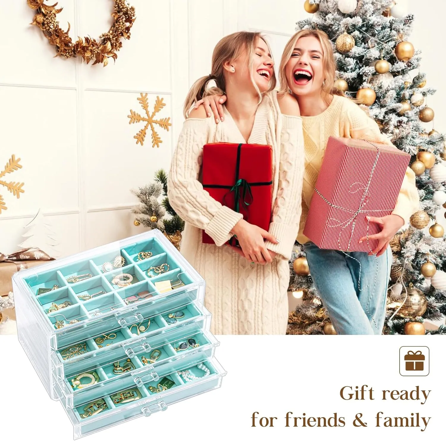 Lolalet Earring Holder Organizer Box Jewelry Storage with 4 Drawers, Clear Acrylic Stackable Earring Case with Adjustable Velvet Trays for Women on Dresser Vanity -Aqua, 4 Layers