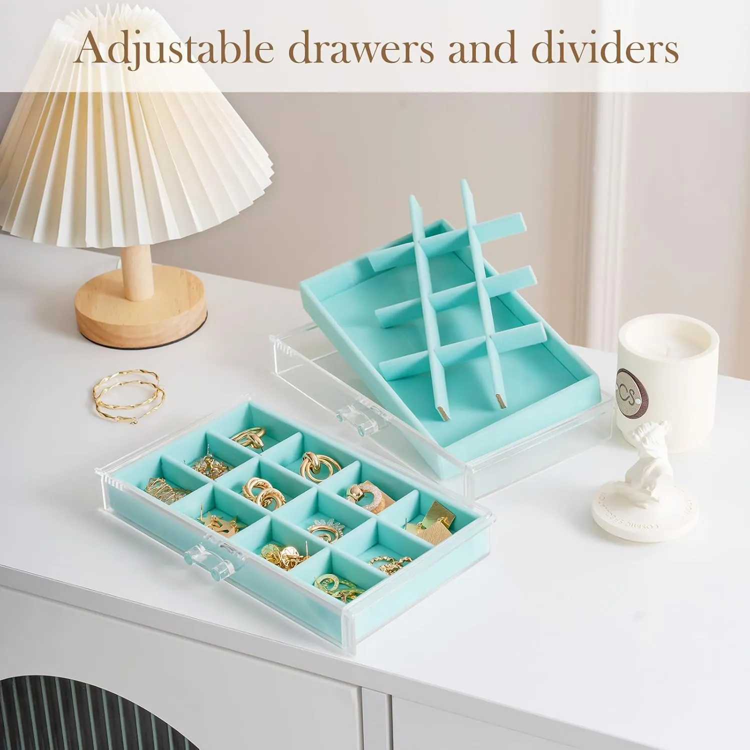 Lolalet Earring Holder Organizer Box Jewelry Storage with 4 Drawers, Clear Acrylic Stackable Earring Case with Adjustable Velvet Trays for Women on Dresser Vanity -Aqua, 4 Layers