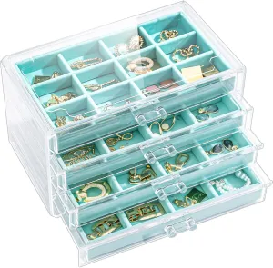 Lolalet Earring Holder Organizer Box Jewelry Storage with 4 Drawers, Clear Acrylic Stackable Earring Case with Adjustable Velvet Trays for Women on Dresser Vanity -Aqua, 4 Layers