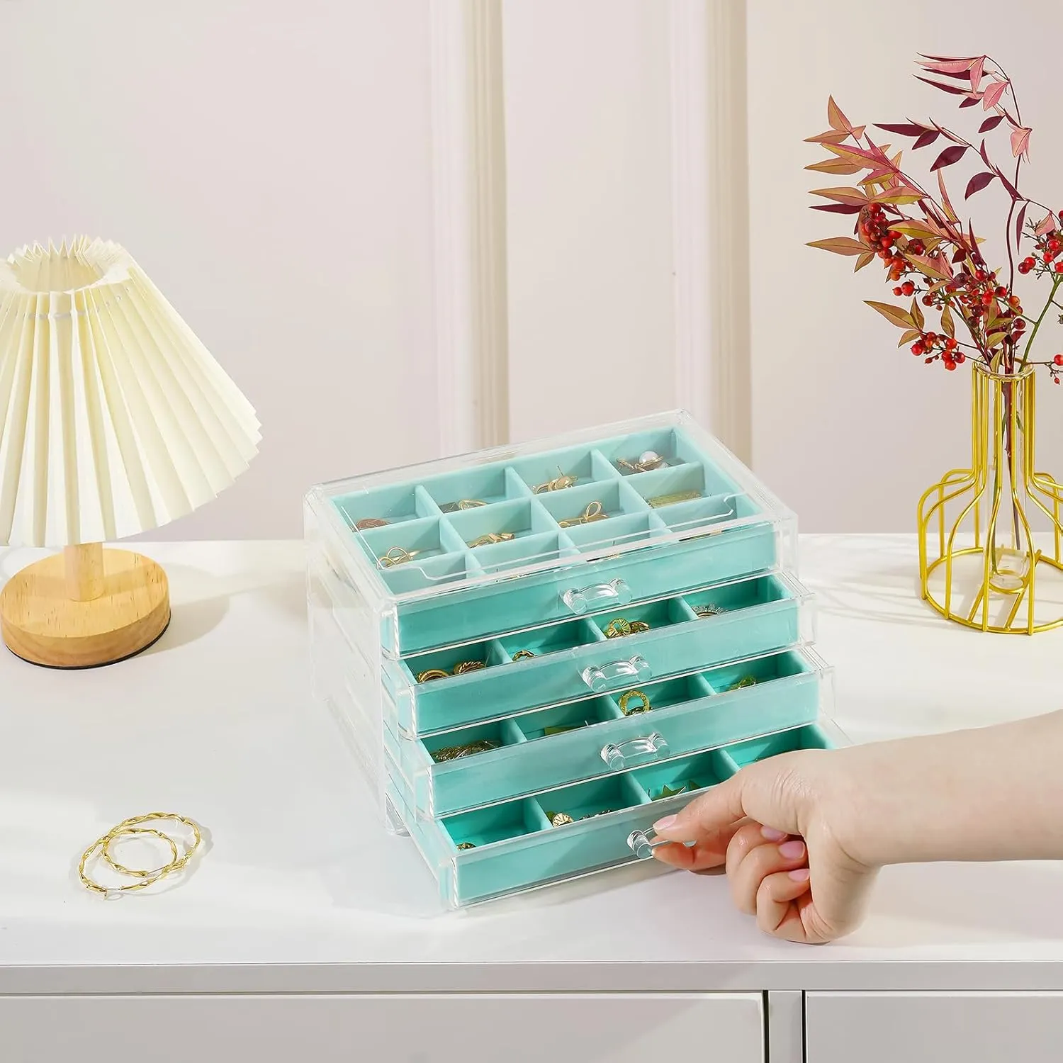 Lolalet Earring Holder Organizer Box Jewelry Storage with 4 Drawers, Clear Acrylic Stackable Earring Case with Adjustable Velvet Trays for Women on Dresser Vanity -Aqua, 4 Layers
