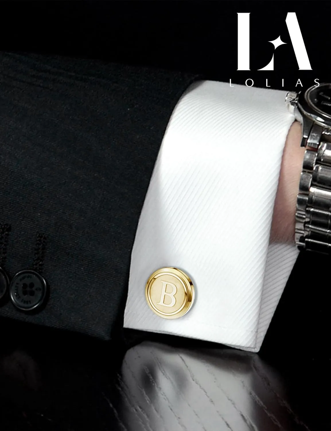 LOLIAS 3 Pairs Initial Cufflinks For Men Classic Mens CuffLinks Set Letter Cuff Links for Casual to Formal with Gift Box Silver Black Gold Cufflinks for Father Husband