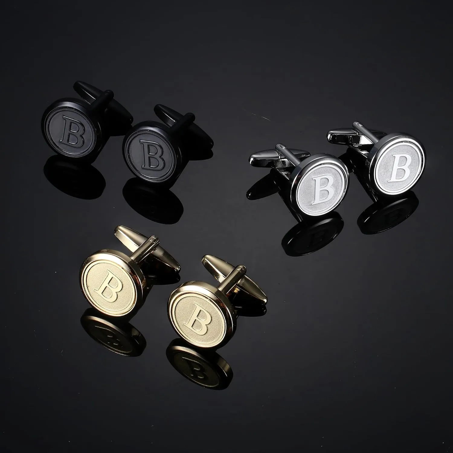 LOLIAS 3 Pairs Initial Cufflinks For Men Classic Mens CuffLinks Set Letter Cuff Links for Casual to Formal with Gift Box Silver Black Gold Cufflinks for Father Husband