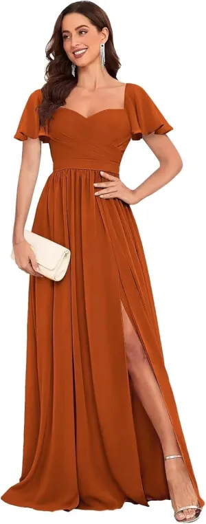 Long Chiffon Bridesmaid Dresses with Sleeves Elegant Sweetheart Formal Evening Gown for Women